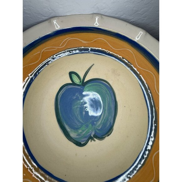 Hand-Painted Ceramic Pie Dish With Blue & Green Apple Design Orange & Blue - Picture 6 of 8